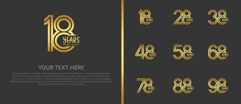 anniversary logo set with gold ribbon. golden number on black background for celebration moment