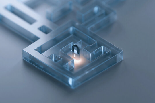 Clear glass maze with glowing center path. Small dark object rests at maze's heart. Light shines softly from center point. Precision and mystery define this scene. Ideal for themes of choice