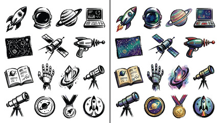 Collection of Space-Themed Illustrations Featuring Rockets, Astronauts, Planets, and Telescopes. © Renald