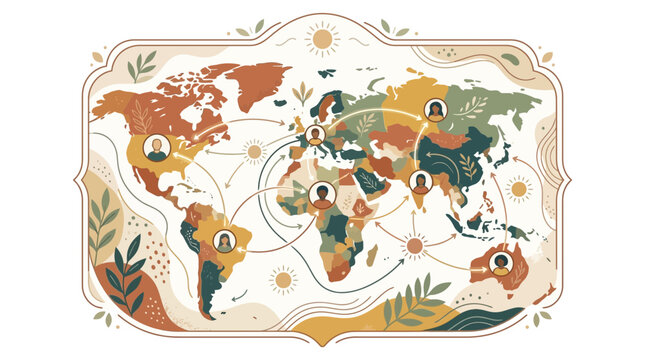 Global Connections: World Map Illustrating International Network and Diverse People