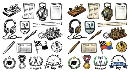 Collection of vintage communication and education symbols, including Morse code equipment, radios, and academic emblems. © Renald