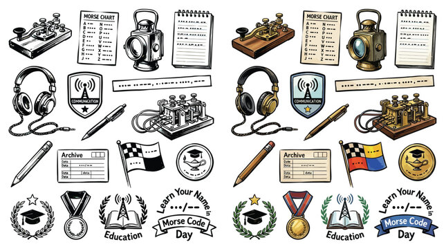 Collection of vintage communication and education symbols, including Morse code equipment, radios, and academic emblems.