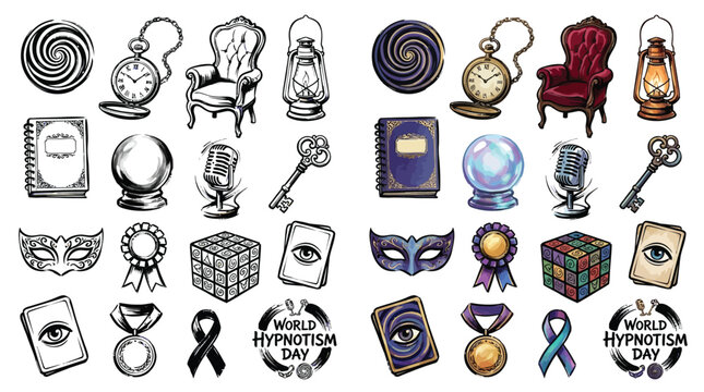 Collection of vintage and modern objects related to hypnosis, magic, and mystery.