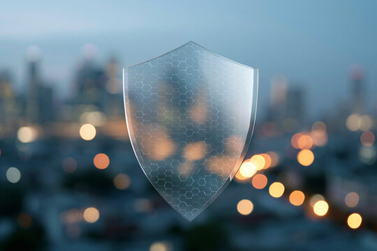 Clear shield floats above blurred city lights. Urban skyline glows softly in twilight. Glassy surface reflects distant bokeh lights. Symbolizes security, safety, and digital protection