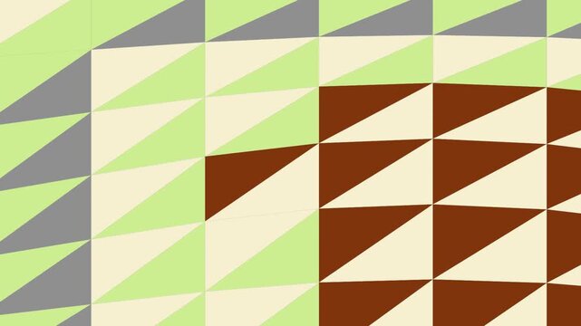 Shifting low poly geometric triangles in lime green and brown earth tones for an abstract motion background.