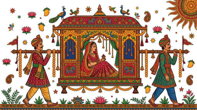 Traditional Indian wedding doli procession illustration with bride and bearers for cultural graphics design