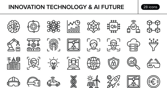 Innovation Technology AI Future Line Icon Set With Robotics Data Network Automation And Digital Research Symbols
