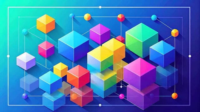 Abstract geometric composition, multi-colored cubes interconnected by lines and spheres