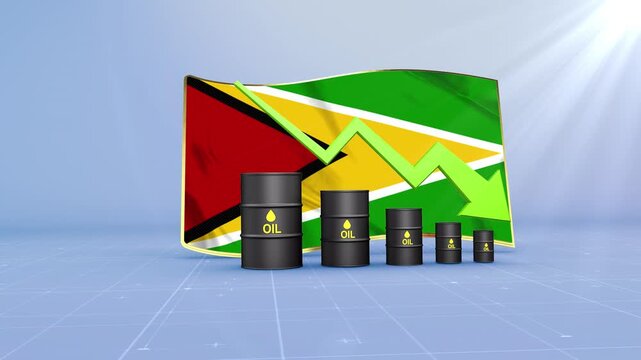 Guyana Oil Price Falling with Oil Barrels Downward Green Arrow and 3D Financial Data Visualization Graphs for Economy and Business Concept