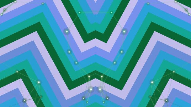 Digital motion graphic of glowing network nodes over blue and green zigzag stripes.