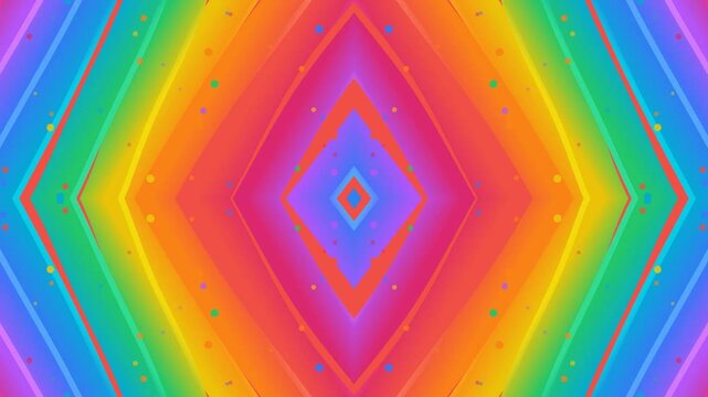 Symmetrical rainbow geometric background looping with vibrant diamond patterns and floating particles.