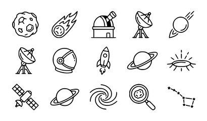 International Asteroid Day vector icon set with simple bold line art space meteor rock telescope crater and rocket ship clip art black and white © Mdsahag