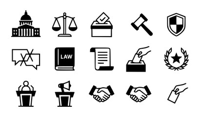 Fototapeta premium Modern abstract parliament day symbol vector clipart set with minimalist clean outline democracy law building and civic voting logo graphics black and white