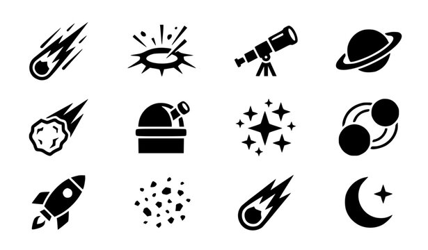 Modern abstract asteroid day symbol vector clipart set with minimalist clean outline astronomy space rock and science logo graphics black and white