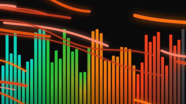 Dynamic animated colorful bar graph with flowing lines data visualization on black