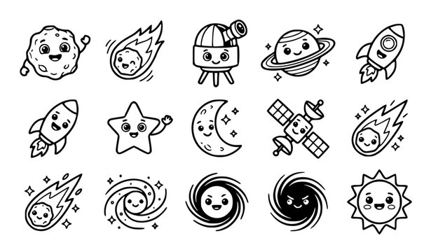 Cute kawaii asteroid day character vector set with funny cartoon space rock meteor and telescope line art for kids