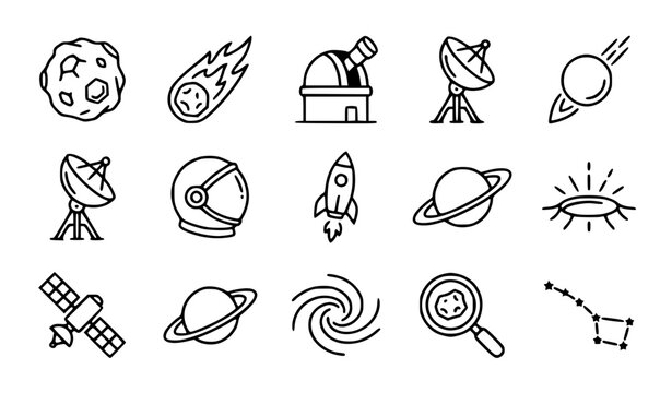 International Asteroid Day vector icon set with simple bold line art space meteor rock telescope crater and rocket ship clip art black and white