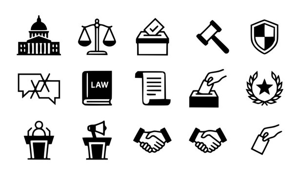 Modern abstract parliament day symbol vector clipart set with minimalist clean outline democracy law building and civic voting logo graphics black and white