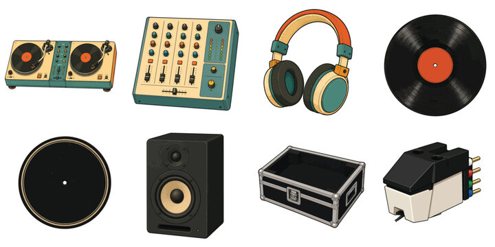 DJ Equipment Collection with DJ Turntable Mixer Headphones Vinyl Record Flight Case and Cartridge