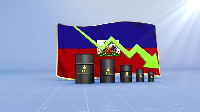Haiti Oil Price Falling with Oil Barrels Downward Green Arrow and 3D Financial Data Visualization Graphs for Economy and Business Concept