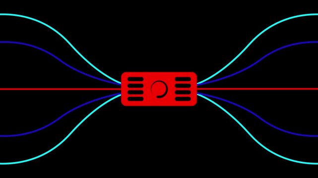 Animated network switch hub routing multi-colored data streams and glowing packets on black background, concept of telecommunications and server data transfer..