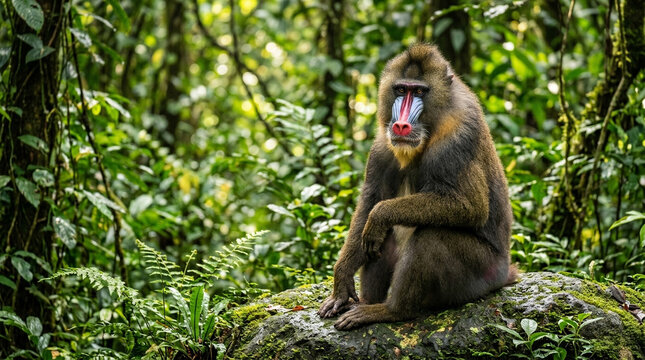 Mandrill Male with Vivid Blue Red Face in Tropical Rainforest Morning