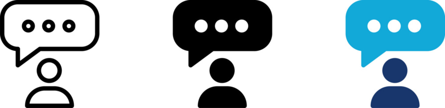Contact icon set showing professional active typing user with messaging speech bubble and three ellipsis dots for customer support conversation live chat forum and dialogue interface solution