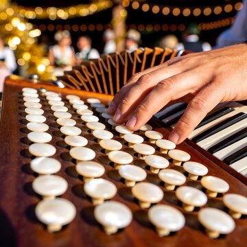 Steirische Harmonika Button Accordion Played at Austrian Wedding &mdash; Macro Hand Close-Up, Pearl Buttons, Dappled Festive Light
