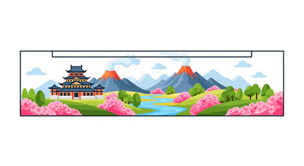 Obraz premium Japanese Landscape with Castle, Volcanoes, Cherry Blossoms, and River