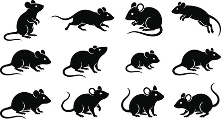Naklejka premium Black Mouse and Rat Silhouette Vector Set with Different Rodent Poses