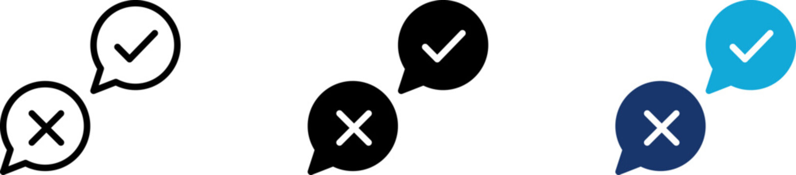 Contact icon set showing professional message verification speech bubbles with true checkmark and false cross marks for customer support validation feedback confirmation dialogue and chat status