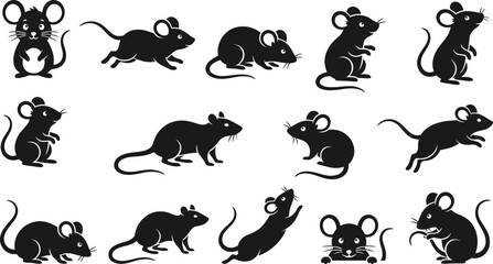 Naklejka premium Cute Black Mouse Silhouette Vector Set with Cartoon Rodent Poses