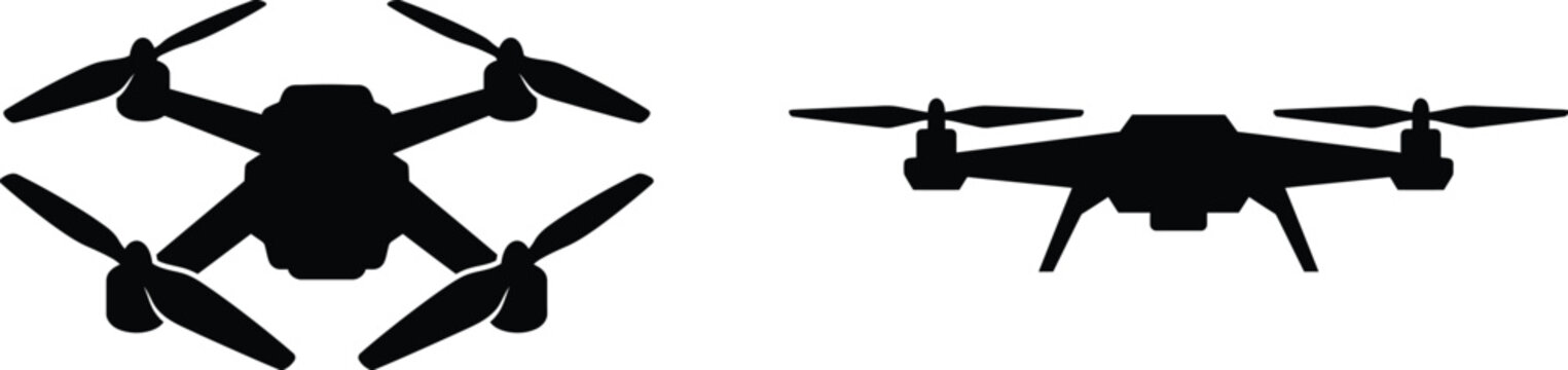 Drone quadcopter icon set including top view and side view silhouette isolated on background.