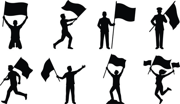 Flag Holding People Silhouette Collection with Celebration and Rally Poses