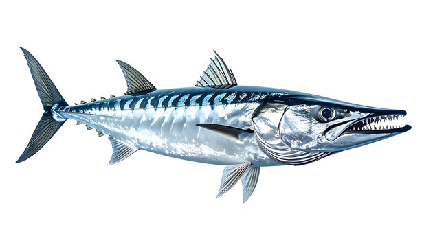 Fresh King Mackerel Fish Isolated on White Background with Sharp Teeth and Silver Scales.