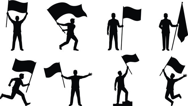 Flag Waving People Silhouette Collection with Celebration and Support Poses