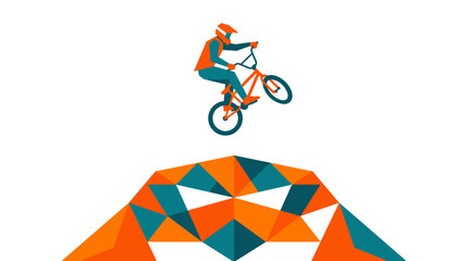 Naklejka premium A minimalist 2D flat design illustration of a BMX rider performing a jump over an abstract geometric obstacle