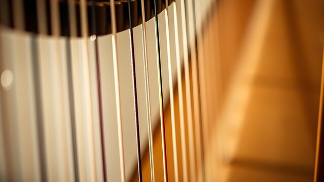 harp. Close-up of harp strings being plucked with light glinting on the strings. STEM education sheets, lab safety posters, designed for STEM education and laboratory safety posters.
