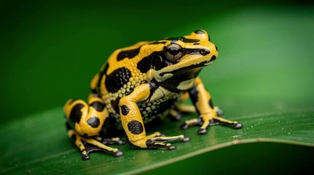 Tropical wildlife macro close up of a yellow and black spotted frog on a leaf