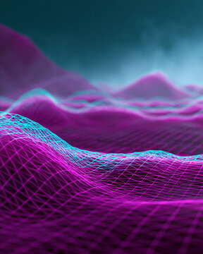 Vibrant purple waves ripple across a glowing digital landscape. Crimson grid lines trace undulating terrain beneath neon-blue illumination. Deep teal skies fade into misty horizons, adding depth