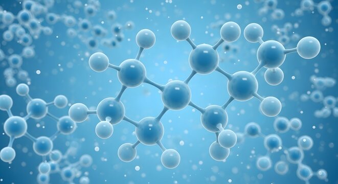 Molecule structure represents a complex biochemical interaction floating within a microscopic blue environment.