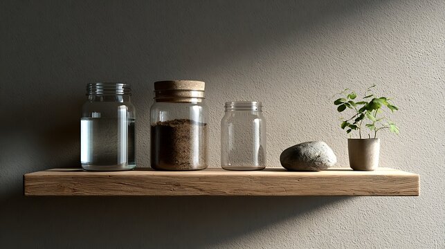 Spice Jars and Bottles on Sunny Kitchen Shelf / 窓際の棚に並んだスパイス瓶と調味料