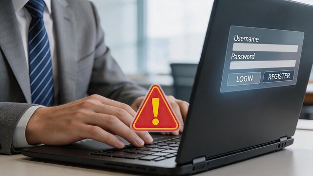 Businessman typing on laptop with login screen and red warning triangle, cybersecurity threat alert for password protection