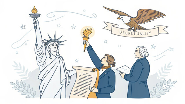 Illustration of statue of liberty and people holding torch and document with eagle on white background