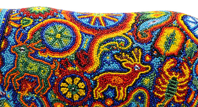 Traditional Huichol Beadwork Pattern with Colorful Folk Art Motif