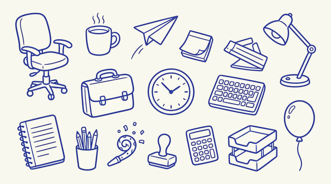 A collection of hand-drawn office supplies and equipment, perfect for business and work-related themes.