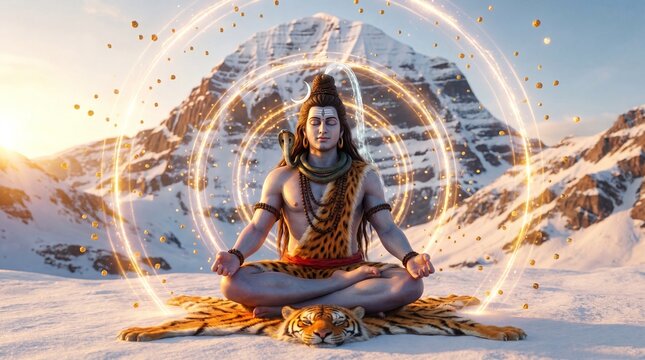 Lord Shiva meditating in a divine lotus pose on Mount Kailash, surrounded by a glowing golden energy aura and snowy peaks, Hindu mythology and spiritual enlightenment concept
