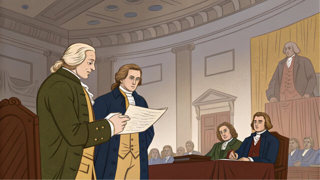 Illustration of colonial american men in 18th century attire gathered around a table in a historic meeting room with a podium and audience