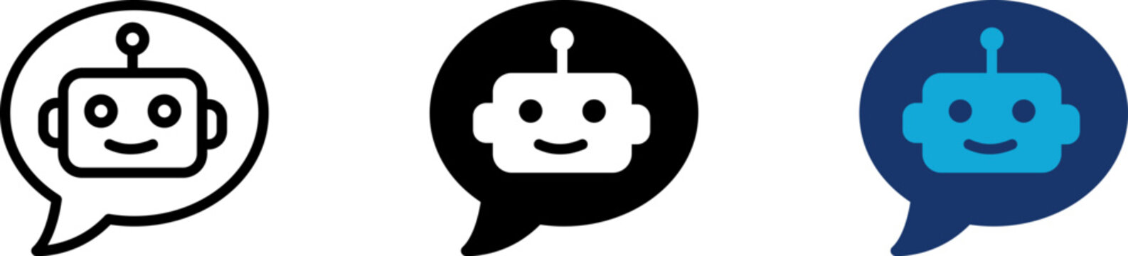 Chatbot icon set showing professional speech bubble with friendly robot head for online artificial intelligence virtual assistant automated customer support dialogue interface and messaging helpdesk