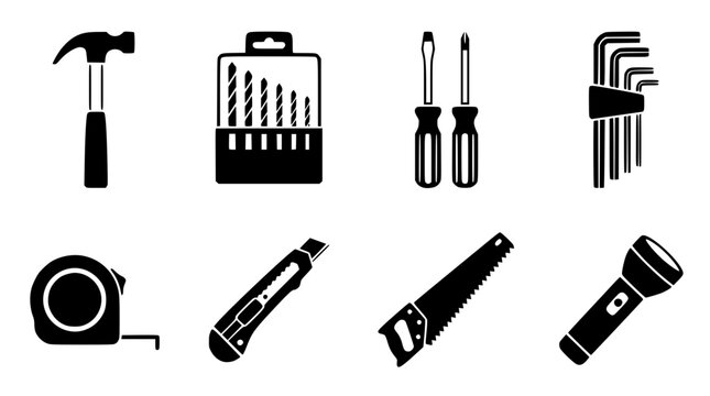 Black and white vector illustration of various hand tools set